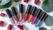 Beauty bloggers flat lay highlighting a selection of matte lipsticks next to glossy nail polishes in coordinating colors