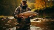 b'A fisherman holds a brown trout he caught in a river.'