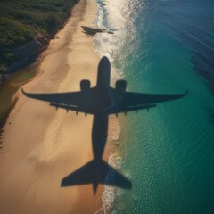 Poster - b'airplane shadow on beach sand with ocean in background'