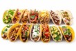 Illustration of assorted traditional Mexican tacos with various fillings and toppings