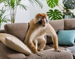 petit macaque installé sur un canapé en ia