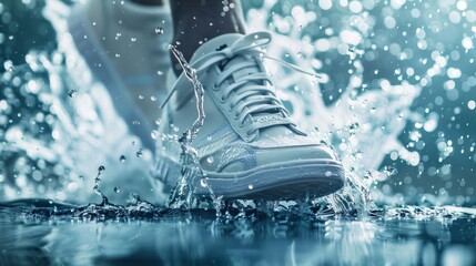 eco water proof shoe. sneakers in water splash