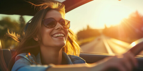 happy woman with sunglasses driving a car down a sunlit warm road