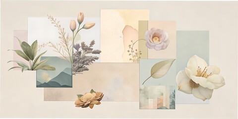 Wall Mural - collage texture photo fonts pastel tones botanical plants flower green business card, planner, diary, opening, letter beige