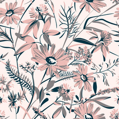 Wall Mural - Seamless pattern with flowers - Chamomilla, Clover, Achillea Millefolium and grass isolated on the pink background. Hand-drawn illustrations of wildflowers.