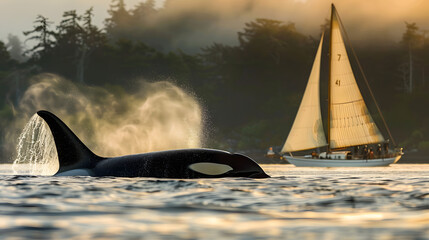 Killer whale or Orca whale breaking the surface with a sailboat in the background.