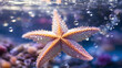Close up of starfish sinking into water, underwater bubbles.