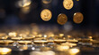 gold coins fall moment front Close up, bokeh effects. dark backdrop.
