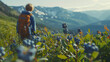 At the mountain's summit, a hiker pauses to savor the wild blueberries carpeting the ground,