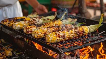 An outdoor cooking station grilling flavorful Mexican street corn (elote)