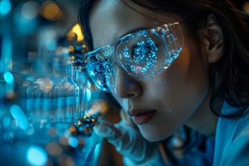 Poster - Partial view of a scientist among numerous flasks in a laboratory with blue lighting