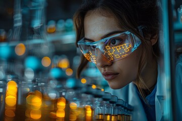 Poster - An obscured face of a scientist surrounded by colorful vials and beakers in a laboratory setting
