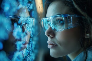 Poster - An inquisitive woman gazes at a vivid display of molecular structures symbolizing scientific discovery and study of genetics