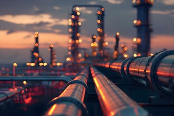Wall Mural - Twilight Scene at an Oil Refinery with Steel Pipelines in a Petrochemical Environment. Concept Twilight Scene, Oil Refinery, Steel Pipelines, Petrochemical Environment, Industrial Landscape
