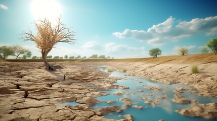 Wall Mural - Panoramic view of dry and cracked earth landscape. Global warming concept.