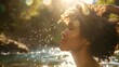 A serene backlit image of a person rinsing their curly hair in a natural river setting,promoting