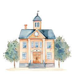 Minimalistic watercolor illustration of old building on a white background, cute and comical, with empty copy space.