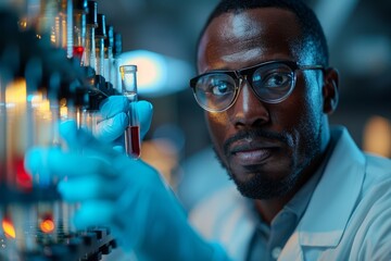 Poster - Depicts a meticulous chemist evaluating a vial containing a mysterious blue substance in a high-tech lab environment