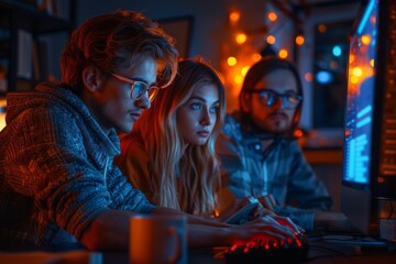 Poster - three professionals working intently at a computer in a dark office with neon lights