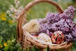 Cute little yellow chicken sitting with pysanka eggs in wicker basket with lilac flowers. Easter.