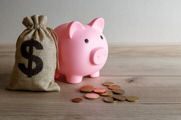 Wall Mural - A piggy bank in the form of a pink pig, coins and a bag with a dollar symbol on the table. Financial concept. Selective focus