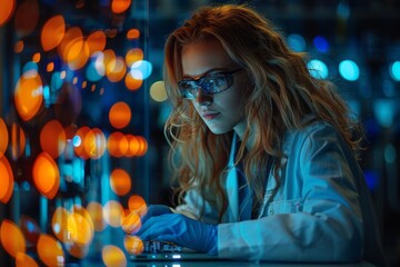 Poster - A focused female scientist inspects samples under glowing lights in a contemporary research facility, signifying innovation and discovery