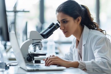 Poster - A female scientist meticulously operates a microscope in a sunlit lab, denoting clinical research and medical examination