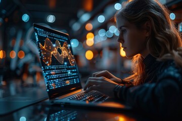 Poster - A tech-savvy professional studies complex financial graphs on a laptop screen, portraying data analytics and market research