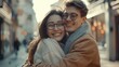© AIGen - Happy Eyeglasses. Beautiful young caucasian girl in love, hugging, smiling on street