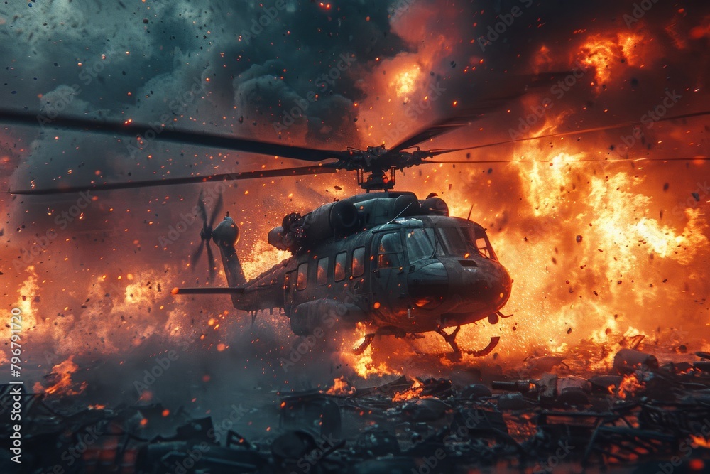 Exploding Helicopter A dramatic action scene depicting a military helicopter manoeuvring ...