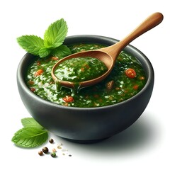 Wall Mural - realistic chimicurri sauce in a bowl with a spoon isolated on a white background