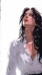 Wall Mural - A woman with long dark hair wearing a white shirt, AI