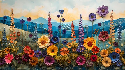 Wall Mural - create a collage of a wildflower meadow using watercolor techniques for the background and foregroun