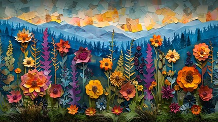 Wall Mural - create a collage of a wildflower meadow using watercolor techniques for the background and foregroun