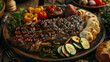 Succulent thick juicy portions of grilled fillet steak served with variety veggies dips, fermented veggies, cucumber and pepper marinated, bread buns on a old vintage table Authentic dinner party