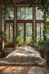 Wall Mural - Interior design photo with dreamy bedroom, wooden floor with cozy atmosphere