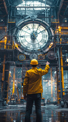 Poster - A man in a yellow jacket points at a large clock in a factory. The clock is surrounded by many clocks, and the man is wearing a hard hat. Concept of urgency and importance