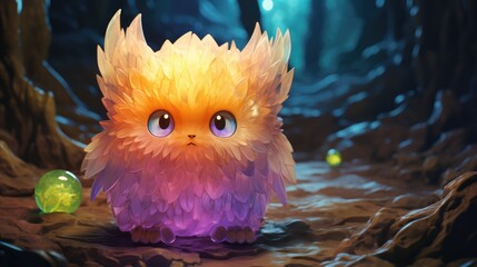 a portrait cute monster with a crystal body and intense eyes in an cave environment, AI Generative