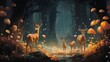 art illustration a family of deer wandering through a magical forest, AI Generative