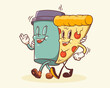 Groovy Pizza and Coffee Retro Characters Label. Cartoon Slice and Paper Cup Walking Smiling Vector Food Mascot Template. Happy Vintage Cool Fast Food Illustration with Typography Isolated
