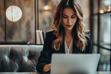 Poster - A woman is sitting at a table with a laptop in front of her. She is wearing a black suit and she is focused on her work