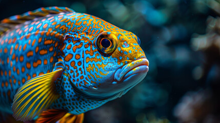 Wall Mural - A fish with a blue and orange body and yellow fins. The fish has a sad expression on its face