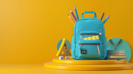 Wall Mural - 3D model of a blue knapsack with academic supplies on a yellow stage. concept for returning to school or education theme with space for copy