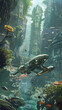 A futuristic cityscape with a large ship flying through the sky. The ship is surrounded by a variety of fish and other sea creatures. Scene is one of wonder and excitement