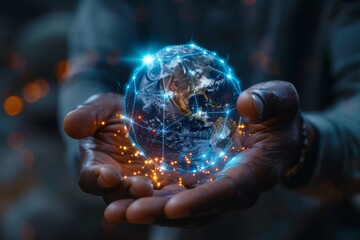 Poster - Close-up image of a pair of hands cradling a luminous globe hologram with light particles and connections