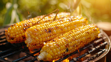 Poster - Three pieces of corn are on a grill, with one of them being charred. The corn is yellow and he is cooked