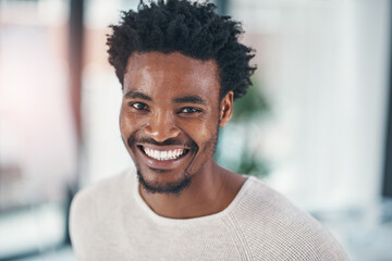 Canvas Print - Happy, portrait and black man with joy for creative career, ambition or positive attitude at office. Face of young or handsome African or male person with big smile for job opportunity or startup