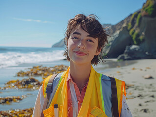 Canvas Print - A young woman wearing a bright orange vest stands on a beach with her arms crossed. She is smiling and she is enjoying her time at the beach