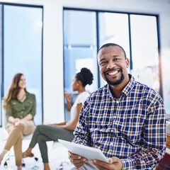 Poster - Tablet, online and portrait of business black man in office for research project, website and internet. Company startup, worker and happy person on digital tech for networking, planning and career