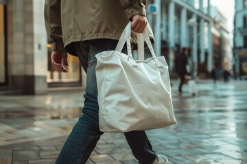 Wall Mural - A man carrying a white tote bag, White blank tote bags mockup